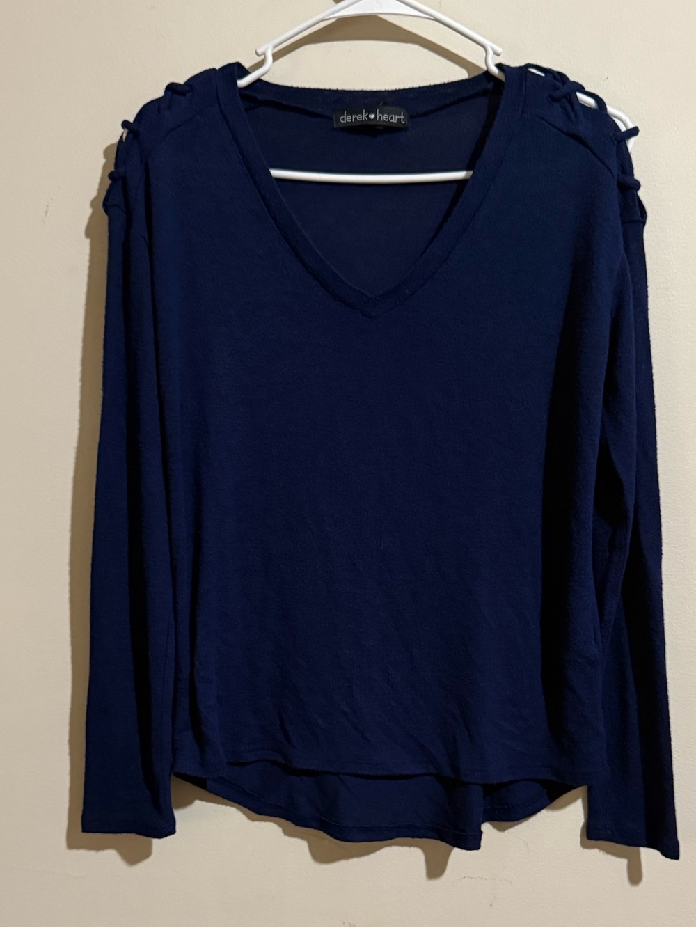 Derek Heart Navy V-Neck Long Sleeve Top with Ladder Shoulder Detail